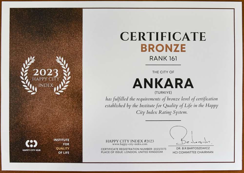 Ankara Büyükşehir Belediyesi'ne Mutlu Şehir Merkezi'nden bronz sertifika